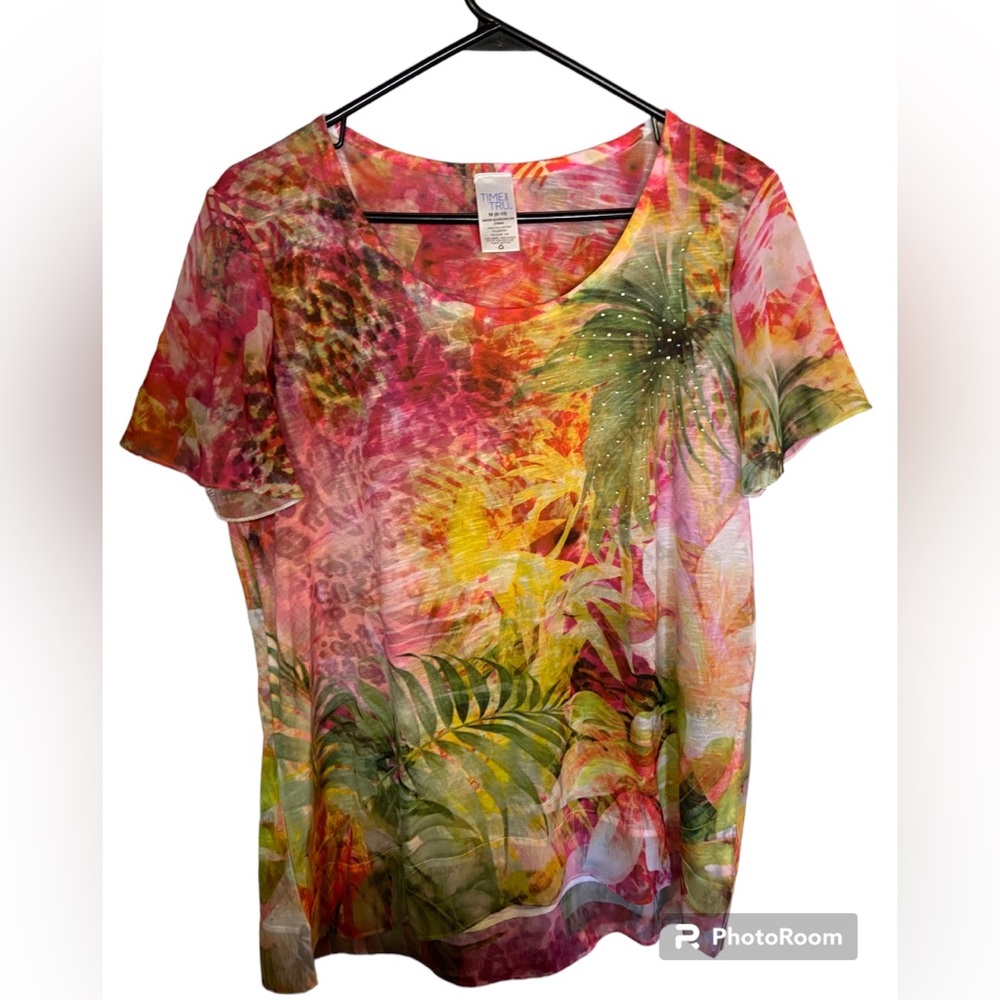 Time and Tru Pink Green Tropical Palm Scoop Neck Short Sleeve Tee